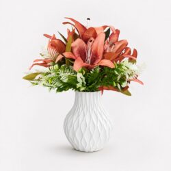 Arranjo Buquê de Lírio Coral Permanente Vaso Arenito - Branco