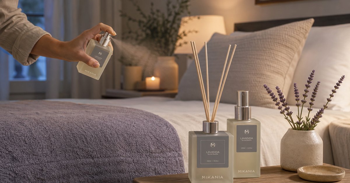 Home spray e difusor de lavanda usados perto da cama para perfumar o quarto