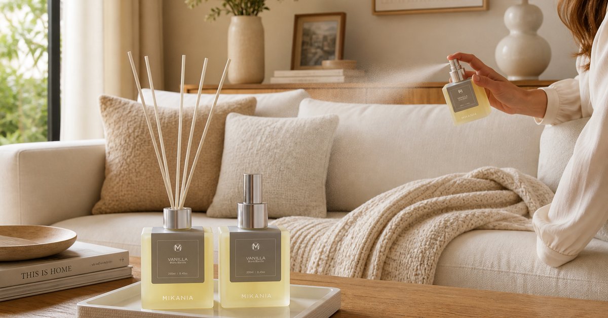 Home spray e difusor usados na sala para renovar o aroma do ambiente