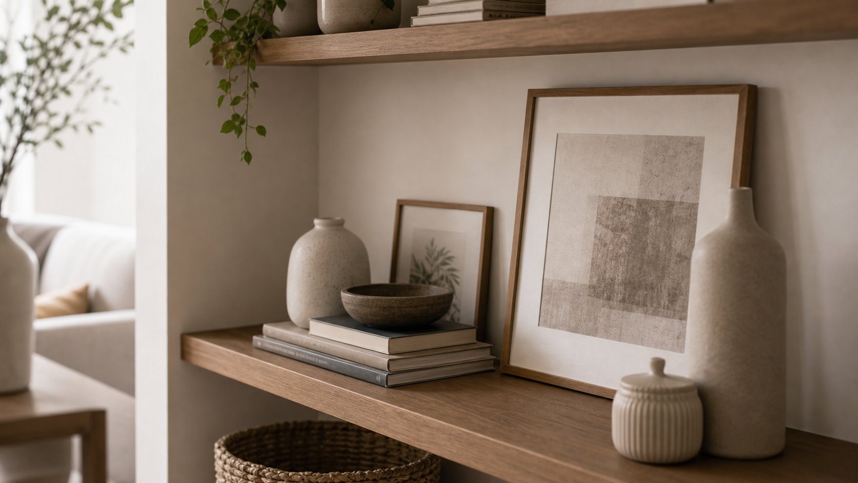 Estante com livros, ceramicas e textura natural em composicao equilibrada