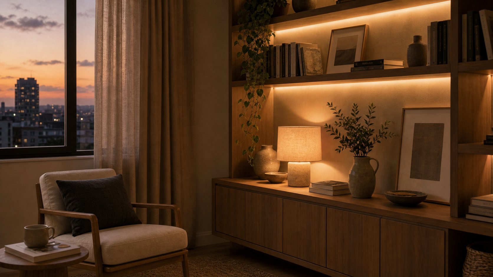 Estante integrada a ambiente neutro com objetos, livros e luz suave