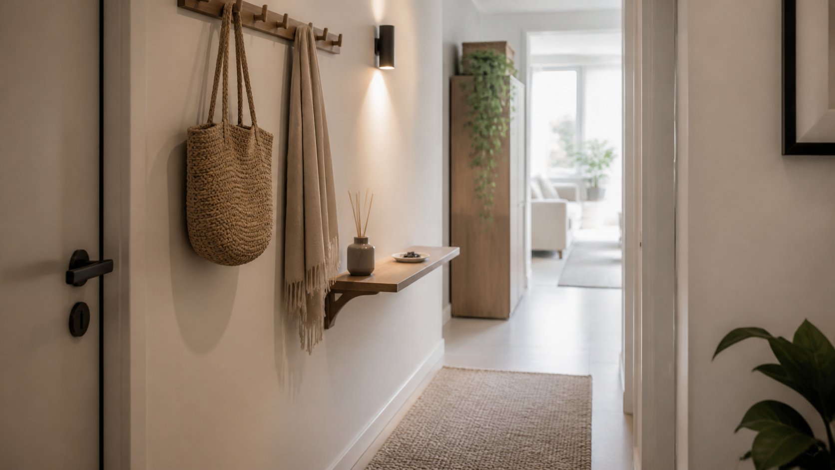 Hall de entrada com tapete neutro, banco e detalhe aromatico em atmosfera suave