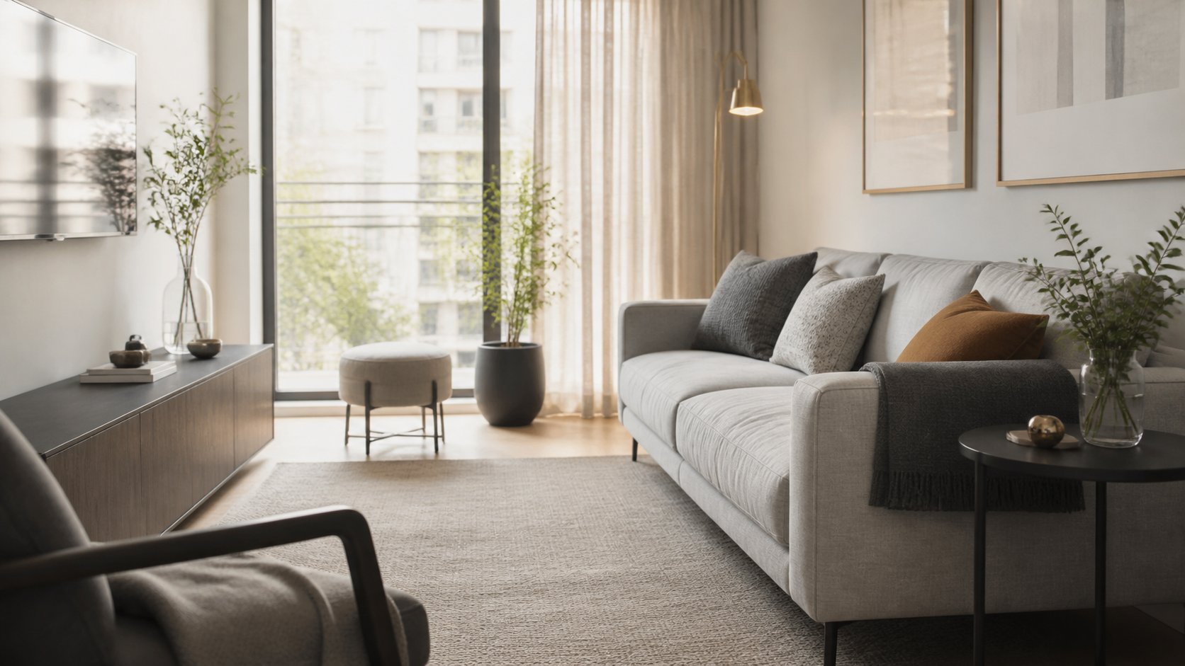 Sala pequena com sofa neutro, mesa lateral leve e composicao acolhedora