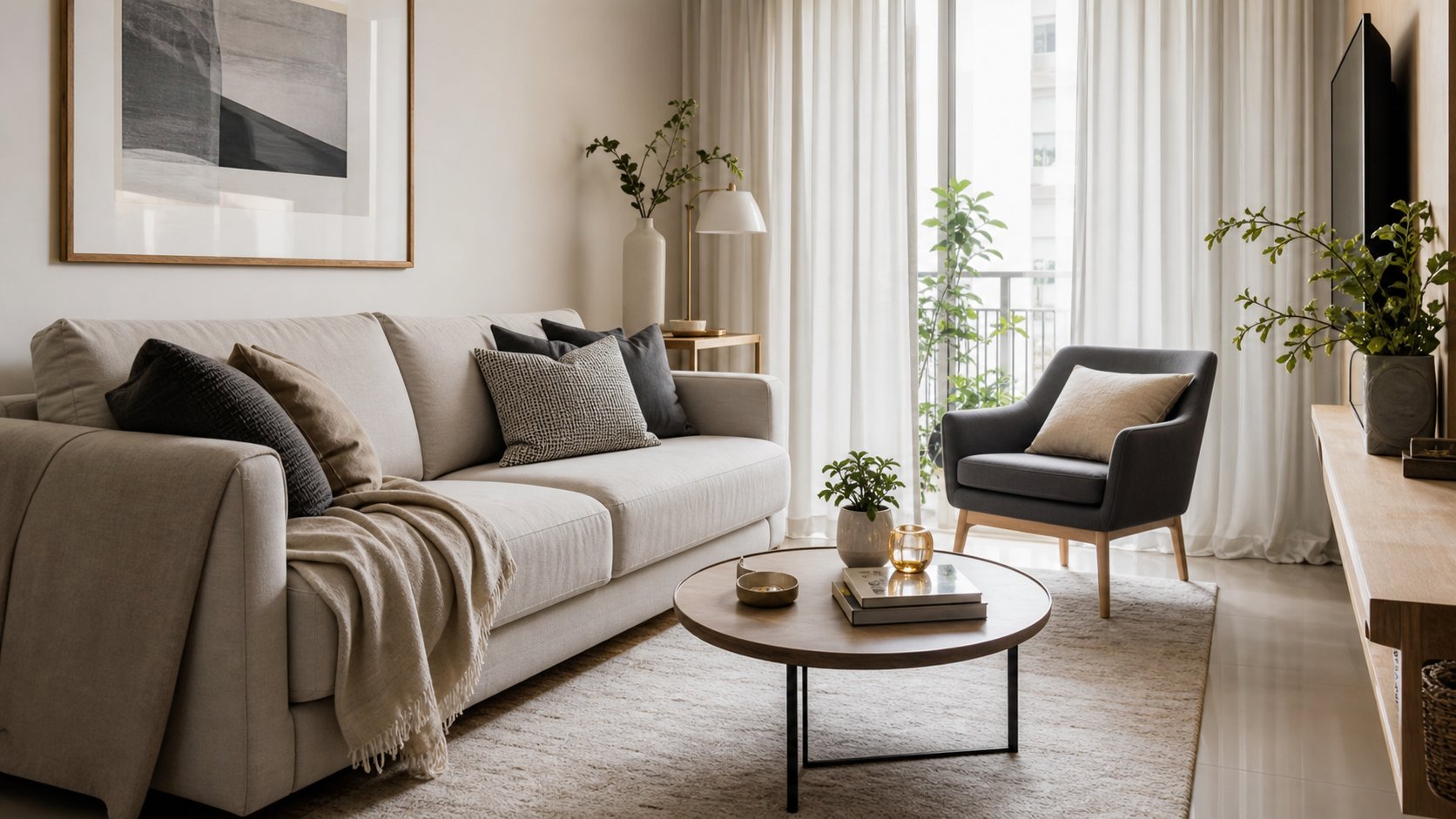 Sala pequena com sofa neutro, poltrona leve e composicao acolhedora