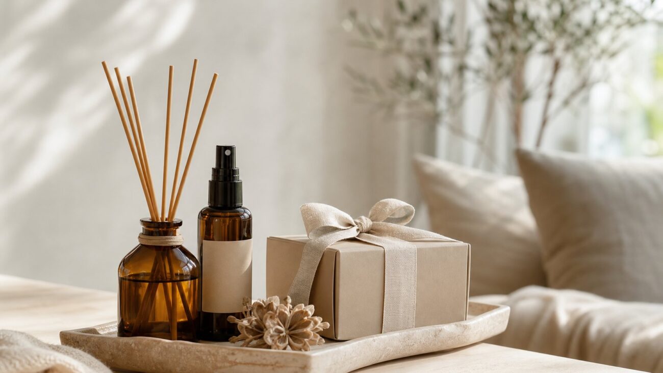 Kit aromatizador para presente com difusor, home spray e caixa neutra sobre bandeja