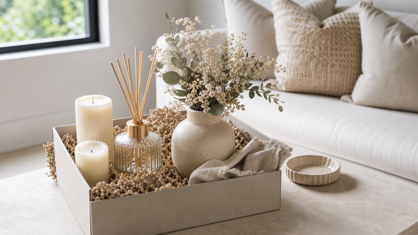 Velas, difusor e vaso em composicao elegante para presente de casa