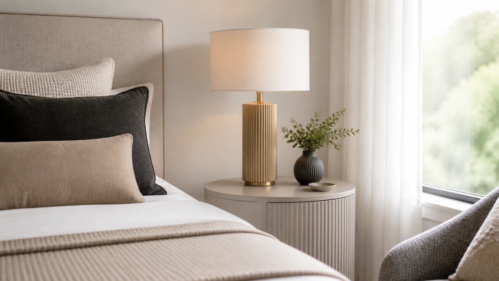 Quarto acolhedor com mesa lateral e luminaria de apoio em tons neutros