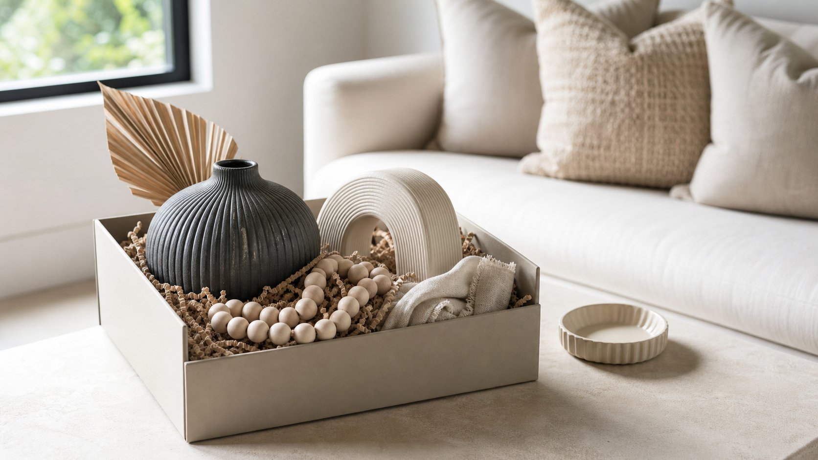 Caixa de presente com objetos de decoracao em composicao neutra e acolhedora