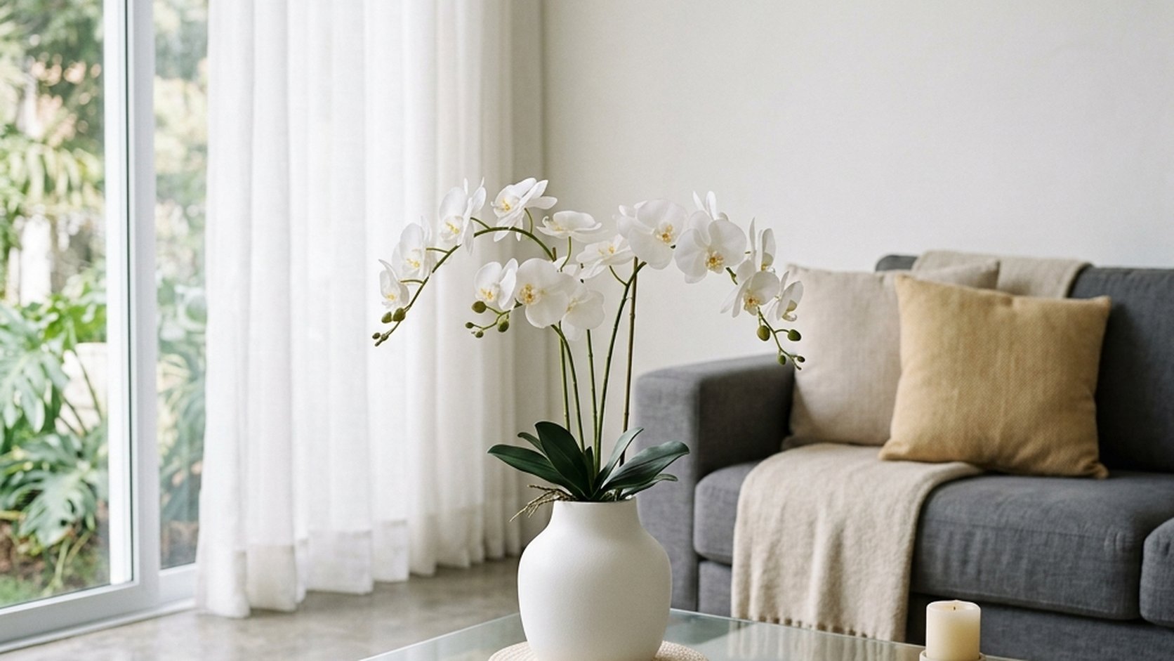 Arranjo elegante de orquídeas permanentes de silicone em um vaso moderno sobre a mesa
