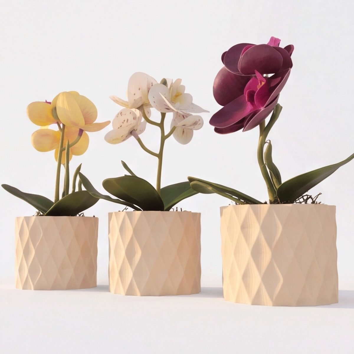 Kit 3 Vasos Prismar com arranjo mini Orquídea Permanente - Bege - Imagem 3
