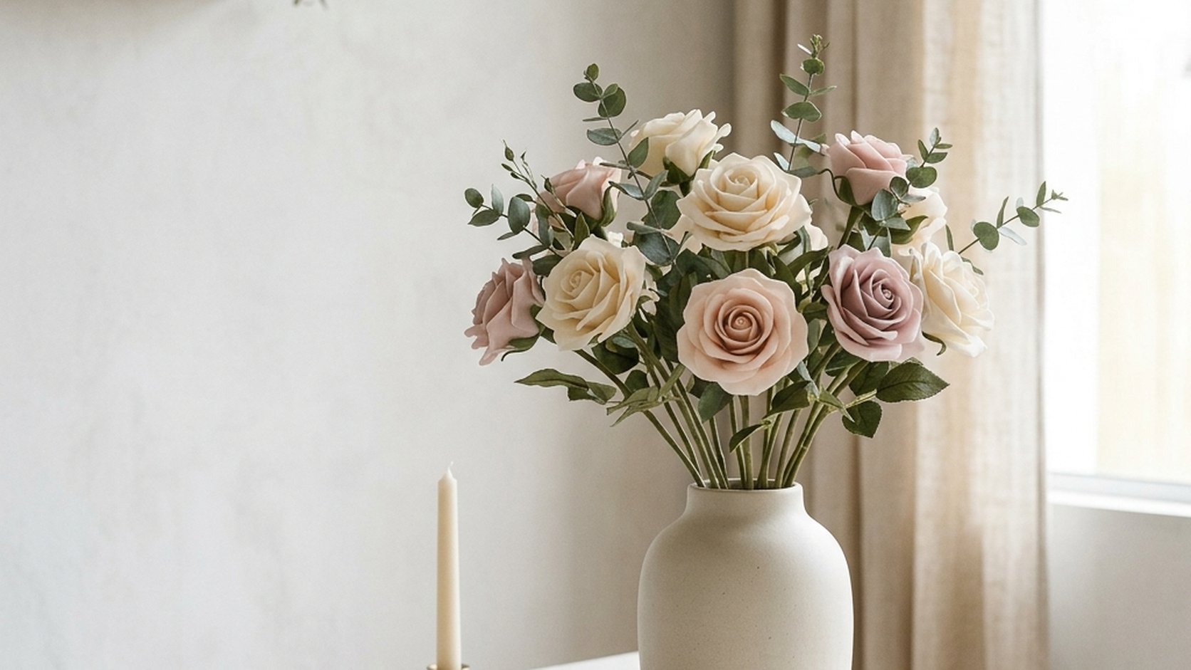 Arranjo de flores de toque real bem montado em vaso com folhas levemente caídas