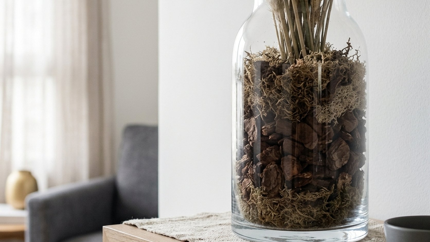 Base de vaso de vidro preenchida com cascas de pinus e musgo ocultando hastes