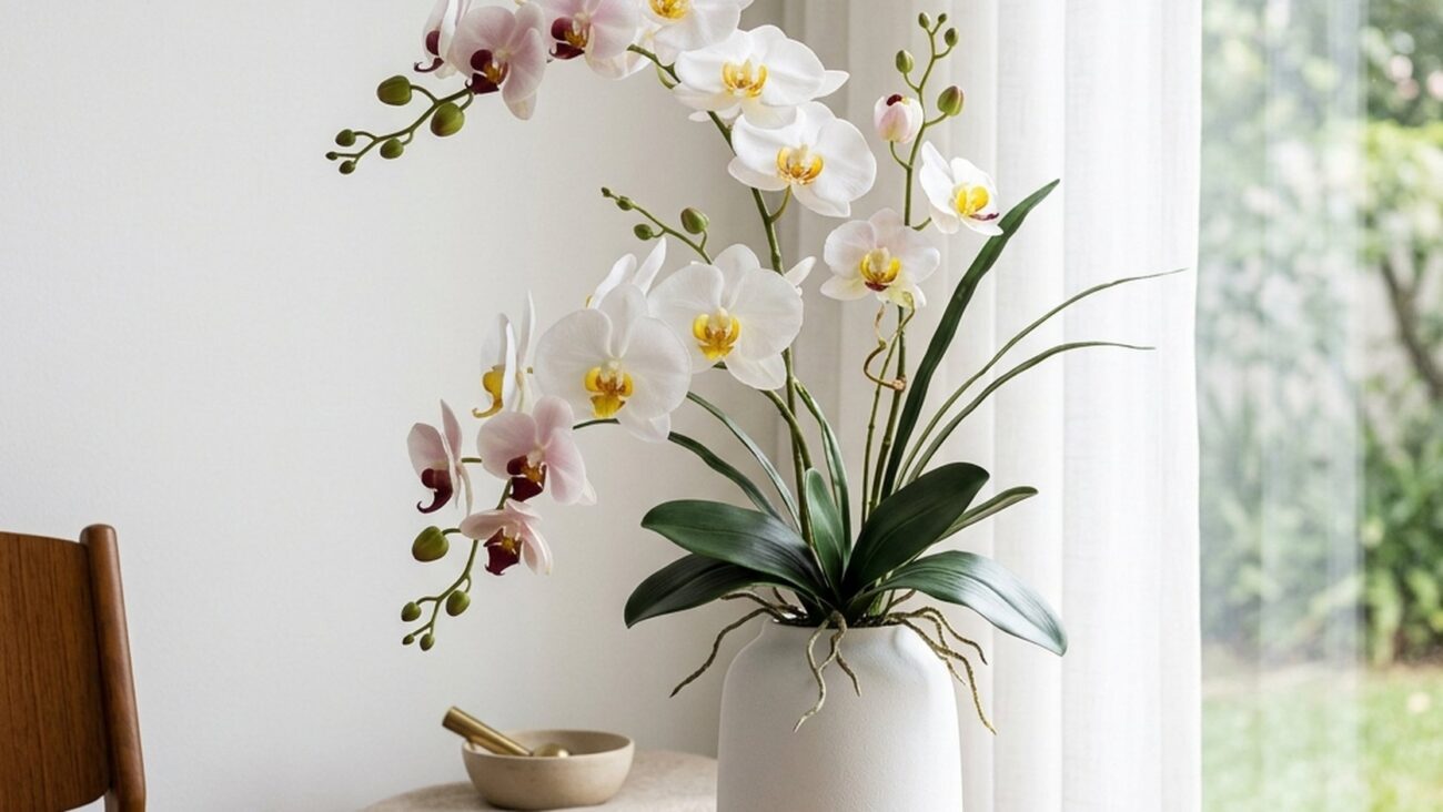Arranjo elegante de orquídeas permanentes de silicone mostrando naturalidade e caimento