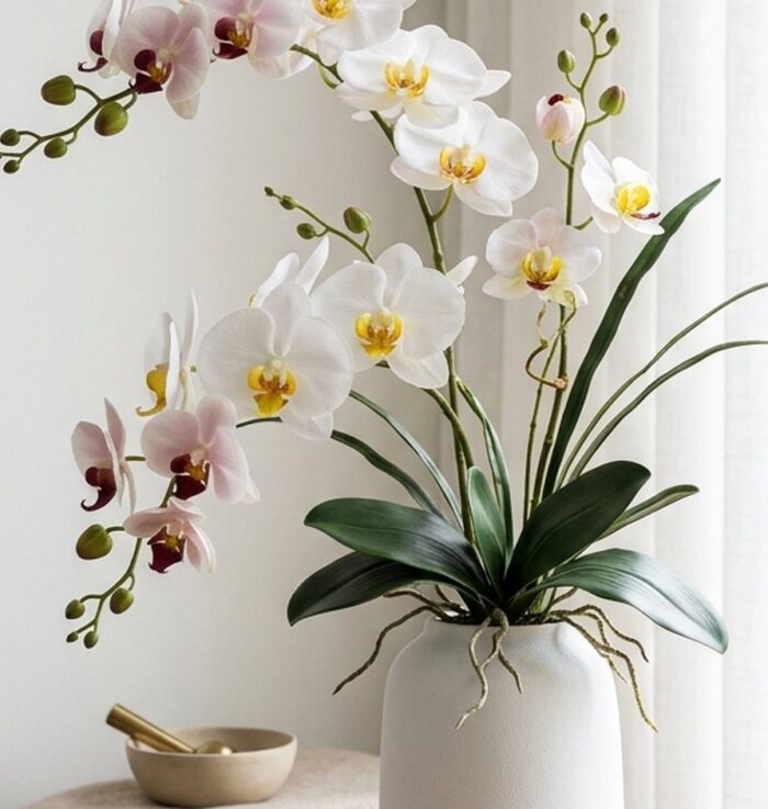 Arranjo elegante de orquídeas permanentes de silicone mostrando naturalidade e caimento