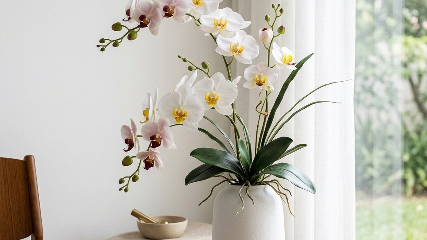Arranjo elegante de orquídeas permanentes de silicone mostrando naturalidade e caimento