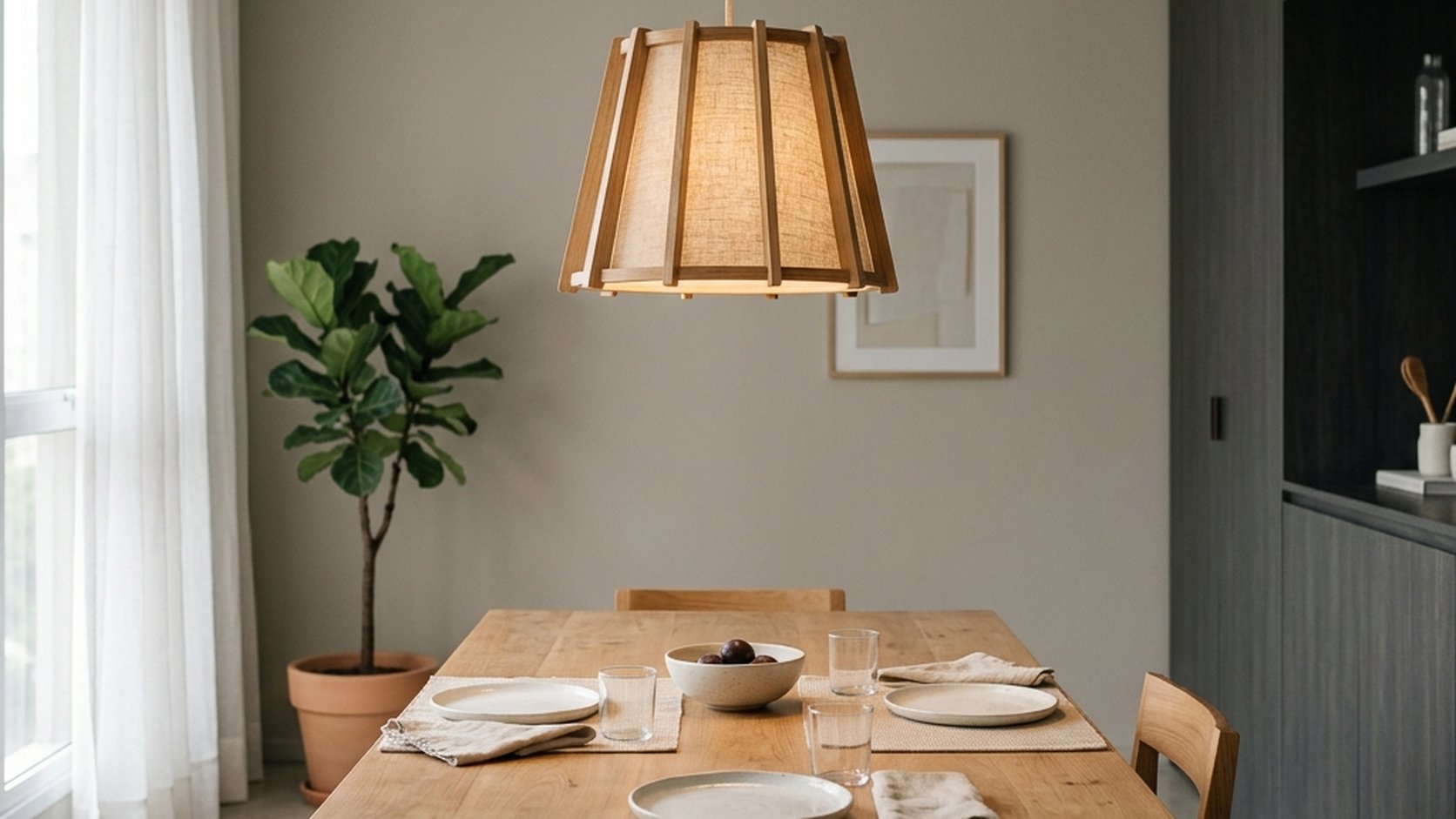 Pendente com cúpula difusora em tons naturais iluminando mesa de jantar sem ofuscamento
