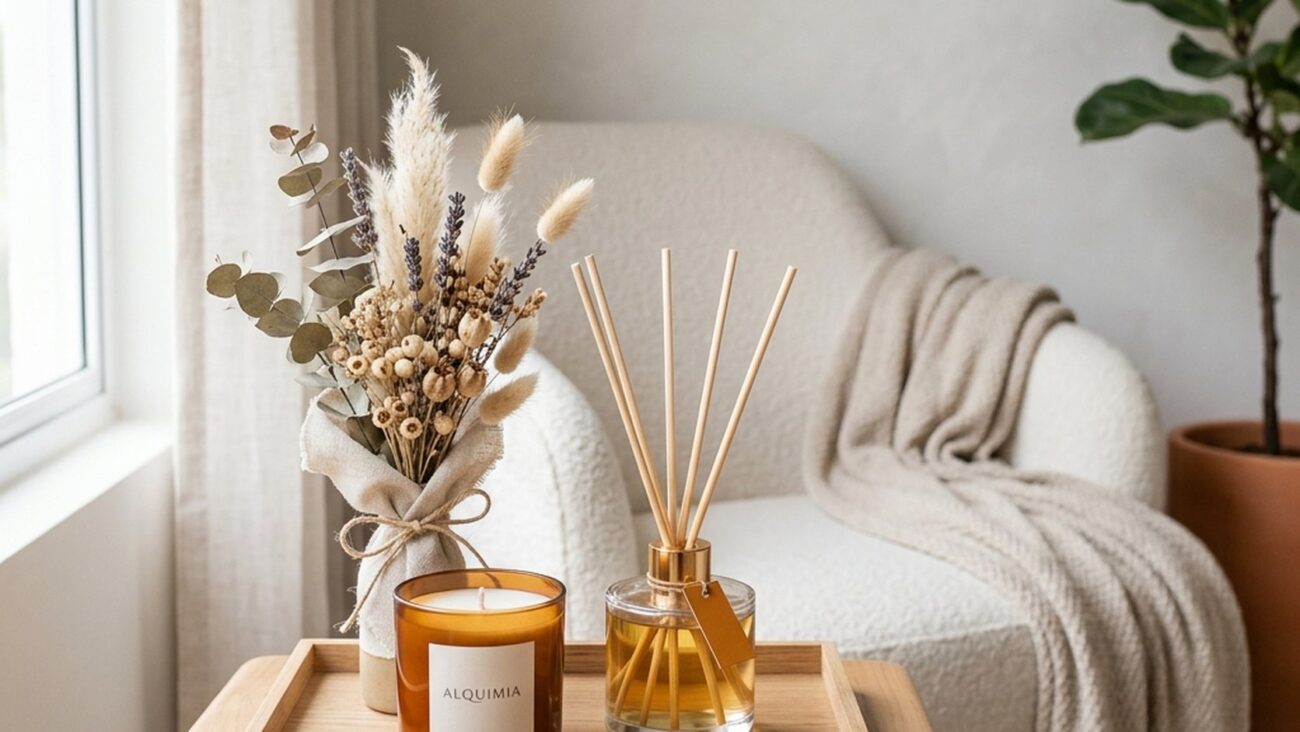 Kit presente com aroma e decoração montado sobre bandeja de madeira