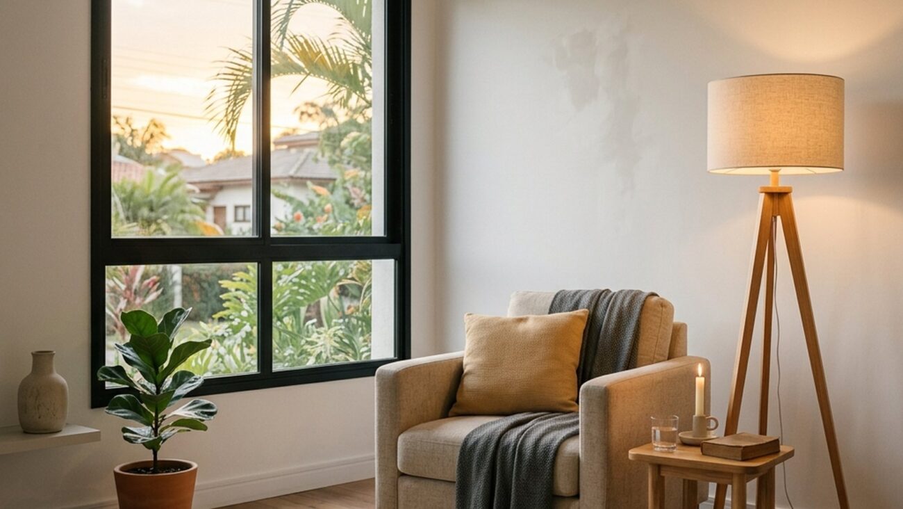 Sala aconchegante ao entardecer iluminada por luminária de pé com luz amarela suave