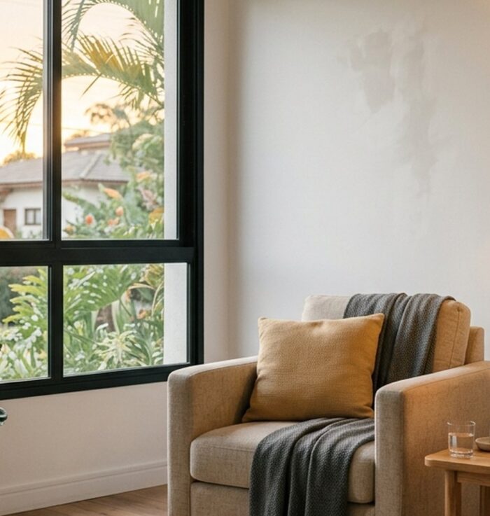 Sala aconchegante ao entardecer iluminada por luminária de pé com luz amarela suave